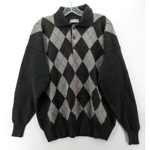 Bullock & Jones Sweater Large Wool Polo Pullover Argyle Scotland Preppy